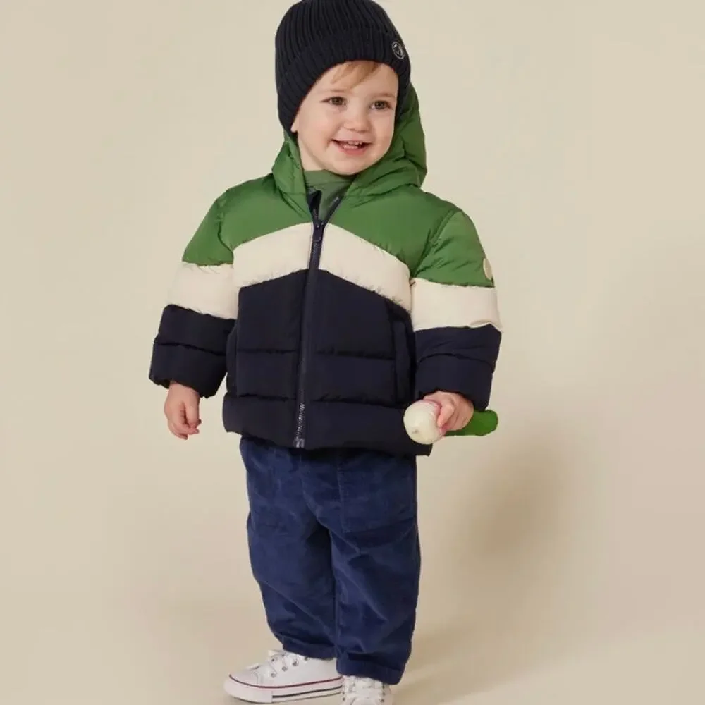 Petit Bateau Boys Puffer Jacket Baby 12M Green Navy Colorblock Hooded Fleece New